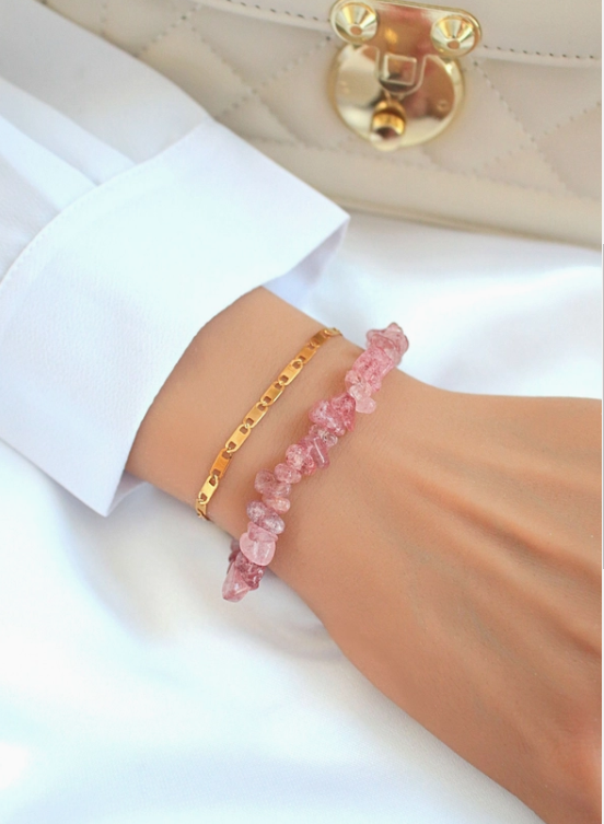 Strawberry Quartz & 24 Karats Double-Layered Bracelet