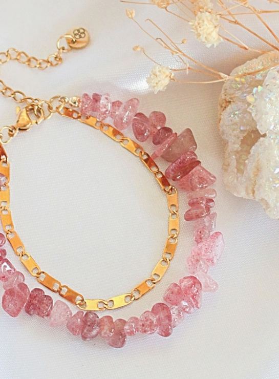 Strawberry Quartz & 24 Karats Double-Layered Bracelet