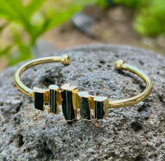 Black Tourmaline Five Stone Gold Bangle