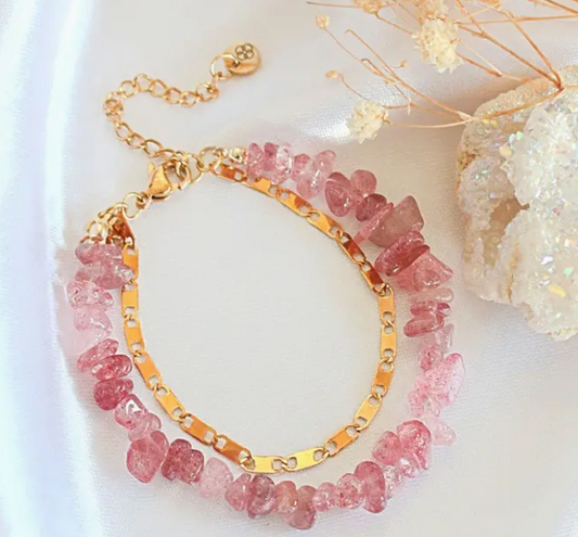 Strawberry Quartz & 24 Karats Double-Layered Bracelet